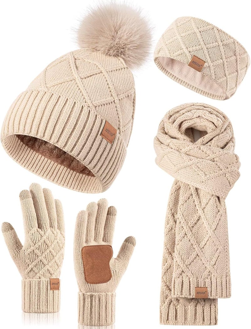 APEVAN Womens Winter Hat Gloves Scarf Headband Set, Pom Pom Beanie Long Scarf Touchscreen Gloves Ear Warmer, 4 in 1 Warm Gift Set - Image 1